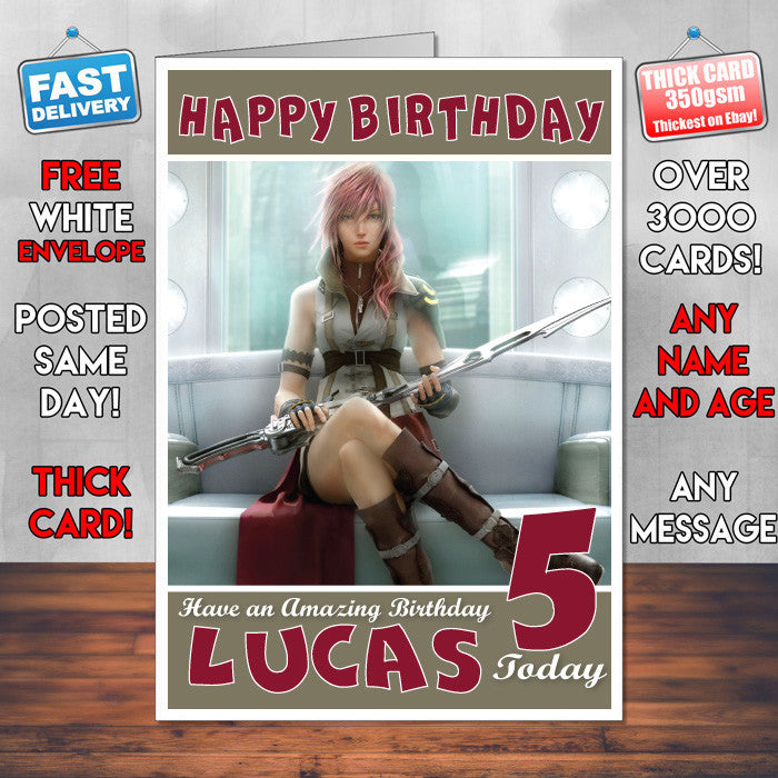 Personalised Kids Orphans Cradle Ffxiii Lightning Game Inspired Style Birthday Card (SA)