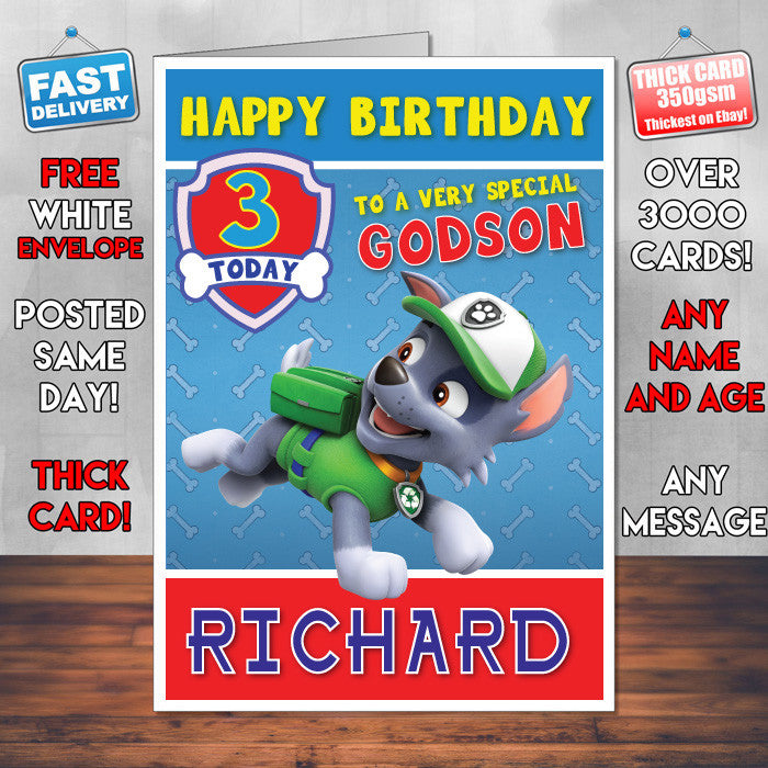 Personalised Kids Inspired PAW PATROL ROCKY Birthday Card (SA)