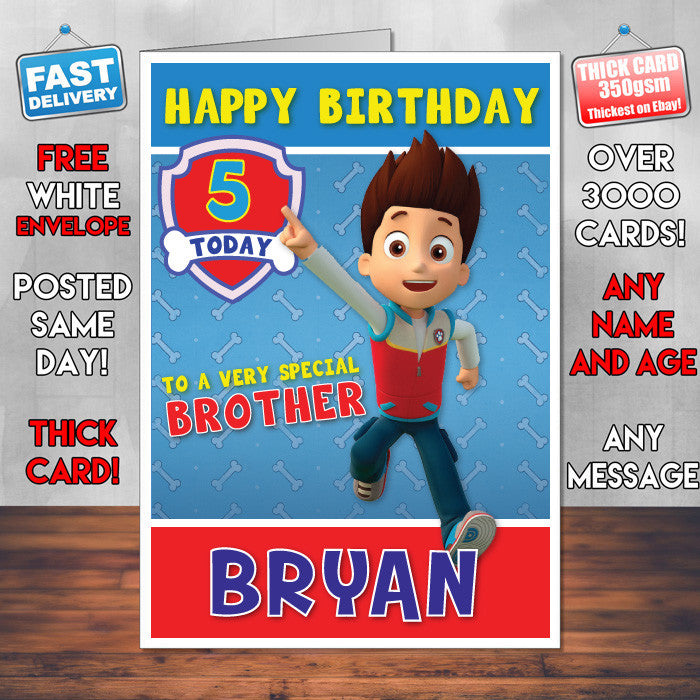 Personalised Kids Inspired PAW PATROL RYDER Birthday Card (SA)