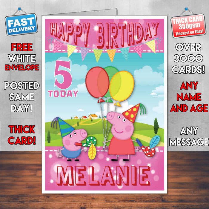 Personalised Kids Inspired PEPPA PIG 8 Birthday Card (SA)