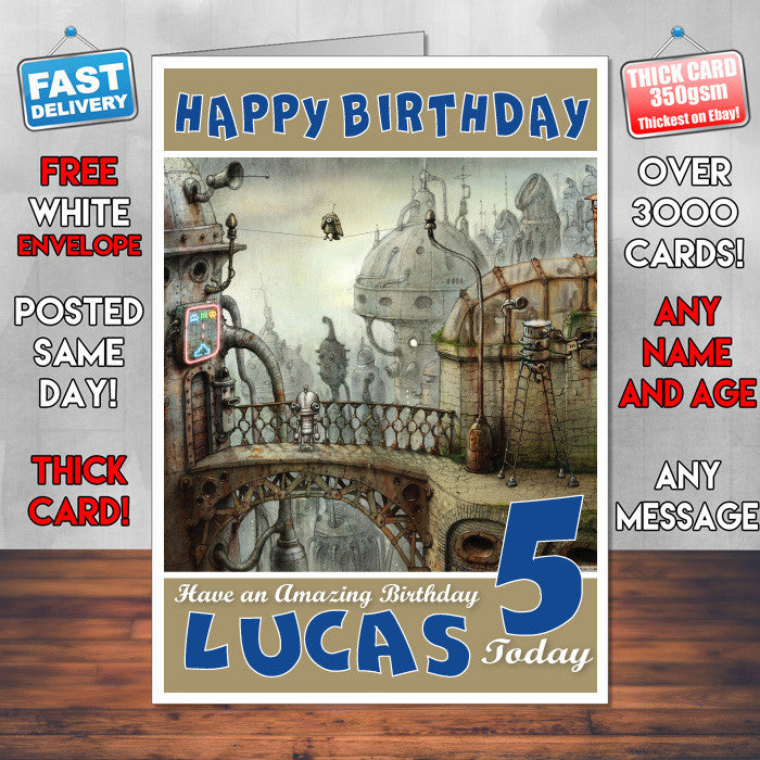 Personalised Kids Parrot Machinarium Game Inspired Style Birthday Card (SA)