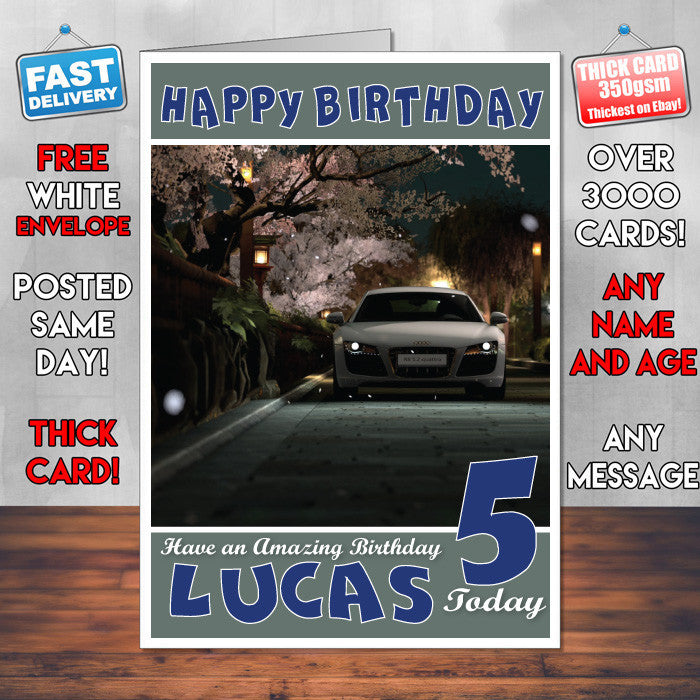 Personalised Kids R8 In Japan Gt5 Game Inspired Style Birthday Card (SA)