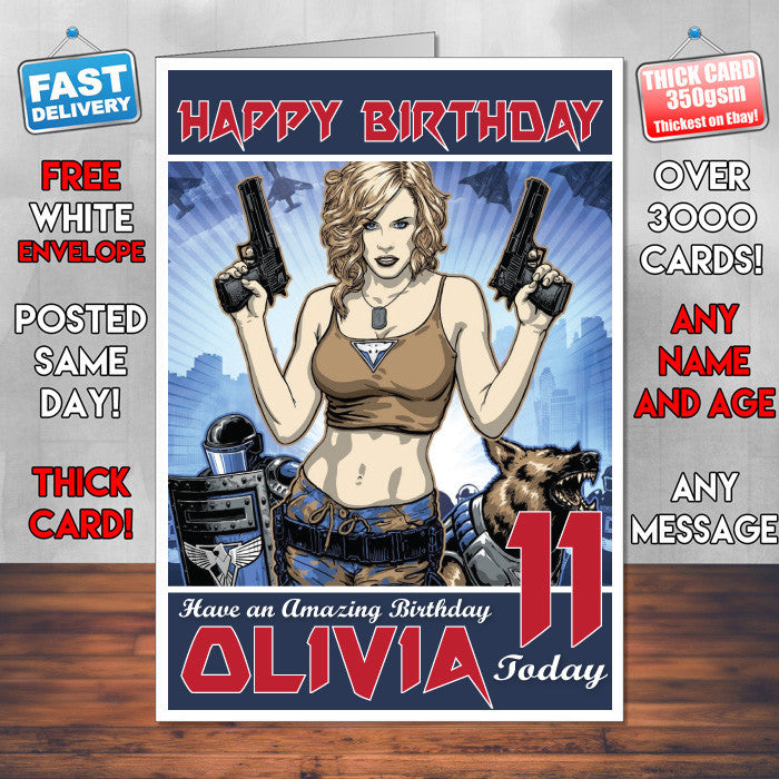 Personalised Kids Red Alert 3 Tanya Game Inspired Style Birthday Card (SA)