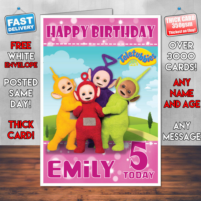 Personalised Kids Inspired Teletubbies 1 Style Theme Personalised Kidshows Birthday Card (SA)