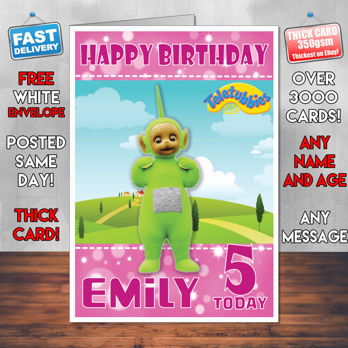 Personalised Kids Inspired Teletubbies 2 Style Theme Personalised Kidshows Birthday Card (SA)
