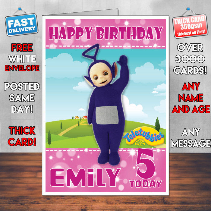 Personalised Kids Inspired Teletubbies 5 Style Theme Personalised Kidshows Birthday Card (SA)