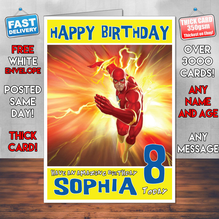 Personalised Lightning Strikes Dc Style Inspired Cartoon Birthday Card (SA)