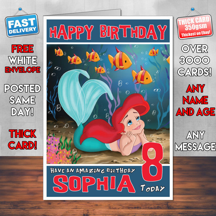 Personalised Little Ariel Style Inspired Cartoon Birthday Card (SA)