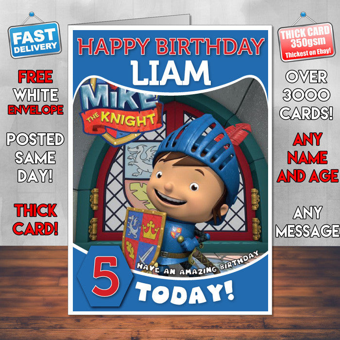 Personalised Mike The Knight 1 Style Theme Personalised Kidshows Birthday Card (SA)