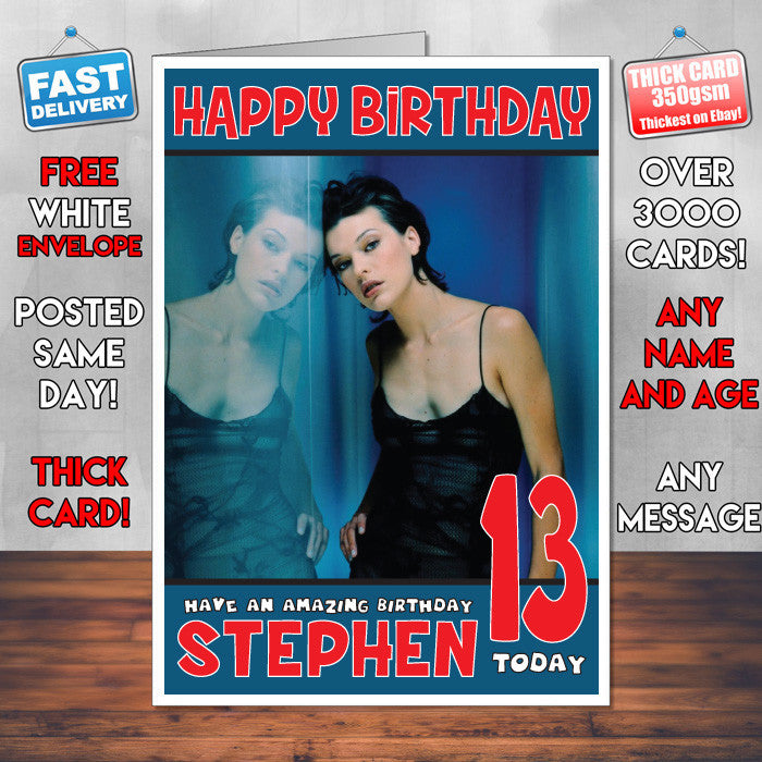Personalised Milla Jovovich 4 INSPIRED THEME Celebrity Birthday Card (SA) – Personalised Milla Jovovich 4 Inspired Theme Celebrity Birthday Card