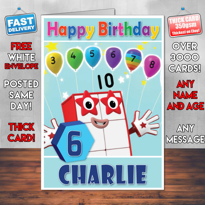 Personalised Number Blocks 10 Style Theme Personalised Kidshows Birthday Card (SA)
