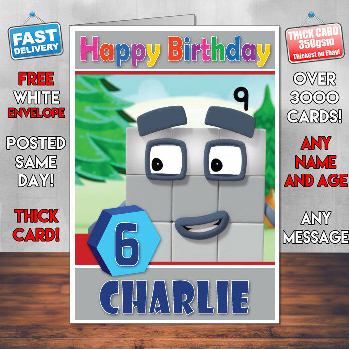 Personalised Number Blocks 9 Style Theme Personalised Kidshows Birthday Card (SA)