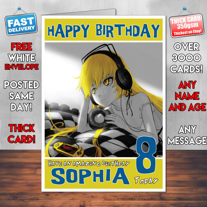 Personalised Oshino Shinobu Style Inspired Cartoon Birthday Card (SA)