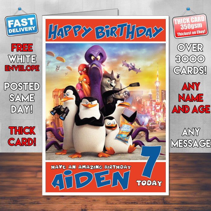 Personalised Penguins Of Madagascar 1 Style Inspired Cartoon Birthday Card (SA)