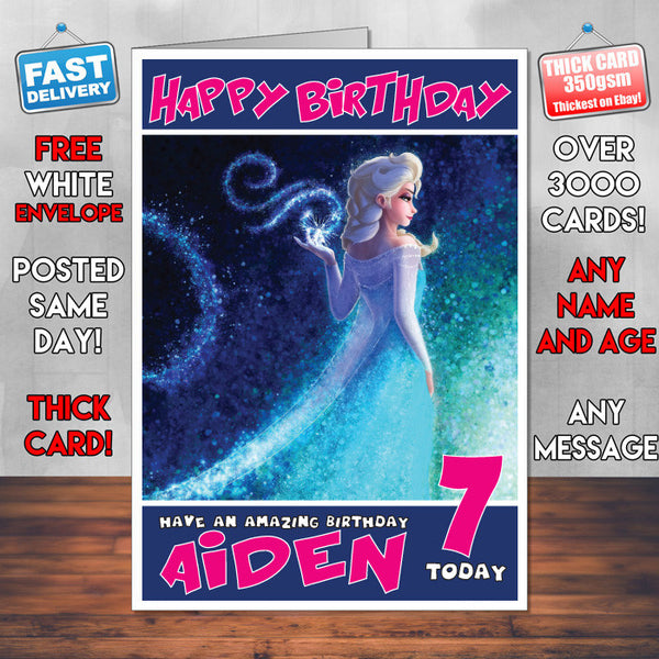 Personalised Queen Elsa Style Inspired Cartoon Birthday Card (SA)