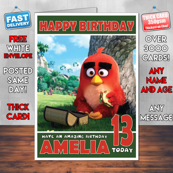Personalised Red Angry Bird Style Inspired Cartoon Birthday Card (SA)