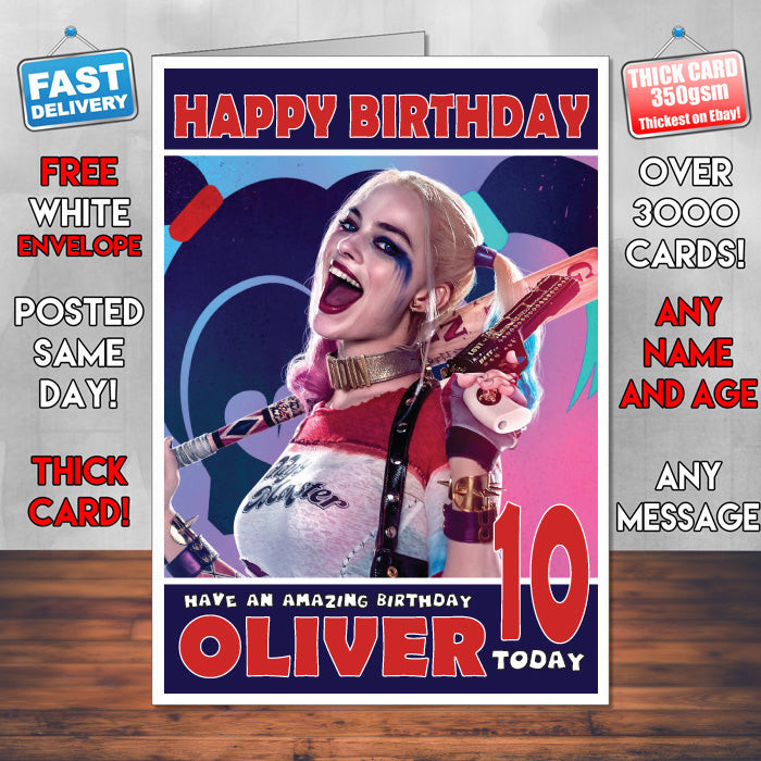 Personalised Suicide Squad Harley Quinn 2 INSPIRED THEME Movie Birthday Card (SA)