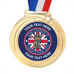 Coronation 2023 Logo Personalised Gold Star MEDAL 70MM WITH RED WHITE BLUE RIBBON