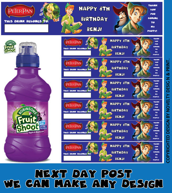 Peter Pan Blue Inspired Theme Personalised Party Fruit Shoot Label Sticker