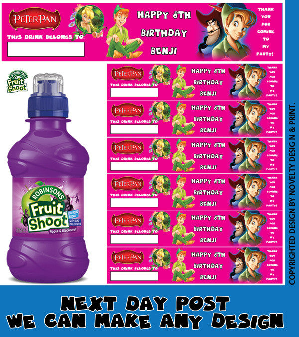 Peter Pan Pink Inspired Theme Personalised Party Fruit Shoot Label Sticker