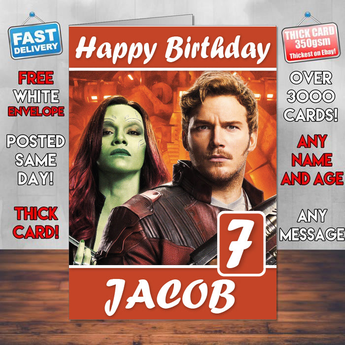 Peter Quill Gamora Theme Style Personalised Kids Inspired Movie Birthday Card (SA)