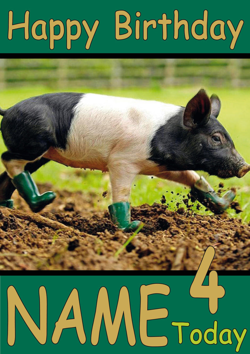Pig In Wellie Boots Funny Kids Adult Personalised Birthday Card Gift Present
