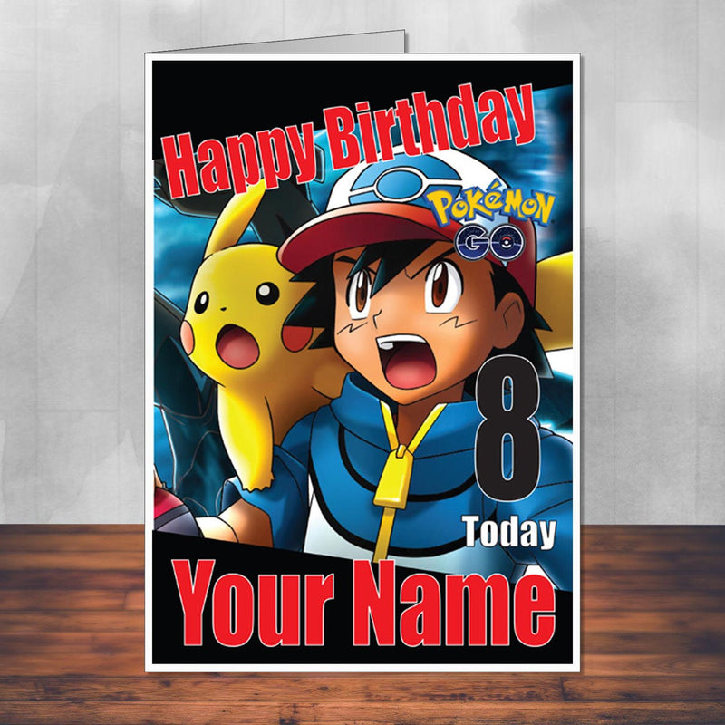 Pika & Ash Pokemon Go THEME INSPIRED Kids Adult Personalised Birthday Card Birthday Card