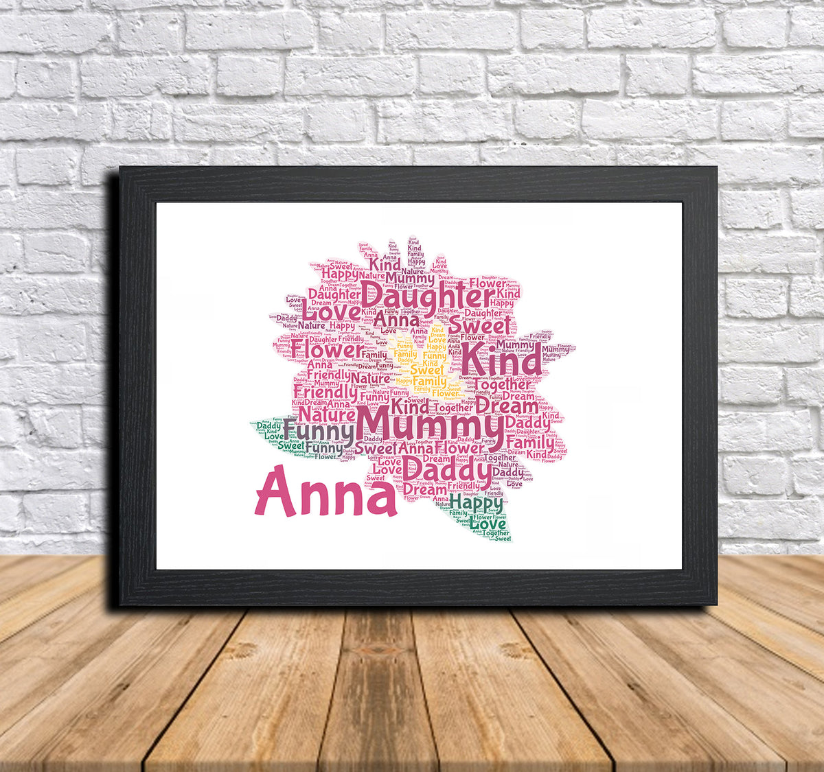 Personalised Pink Flower 2 Word Art Poster Print – Personalised pink flower word art print in a black frame