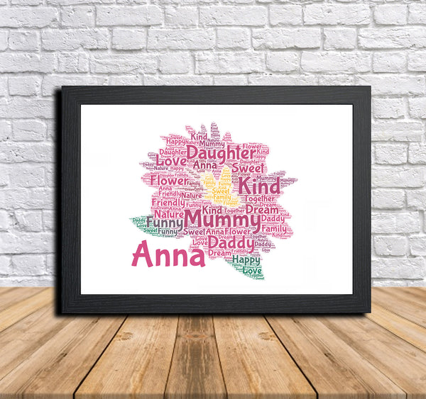 Personalised pink flower word art print in a black frame