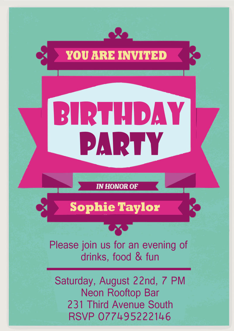 10 X Personalised Printed Pink Birthday Party INSPIRED STYLE Invites
