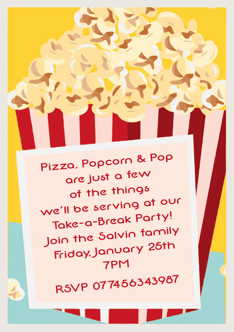 10 X Personalised Printed Pizza Popcorn Pop Party INSPIRED STYLE Invites