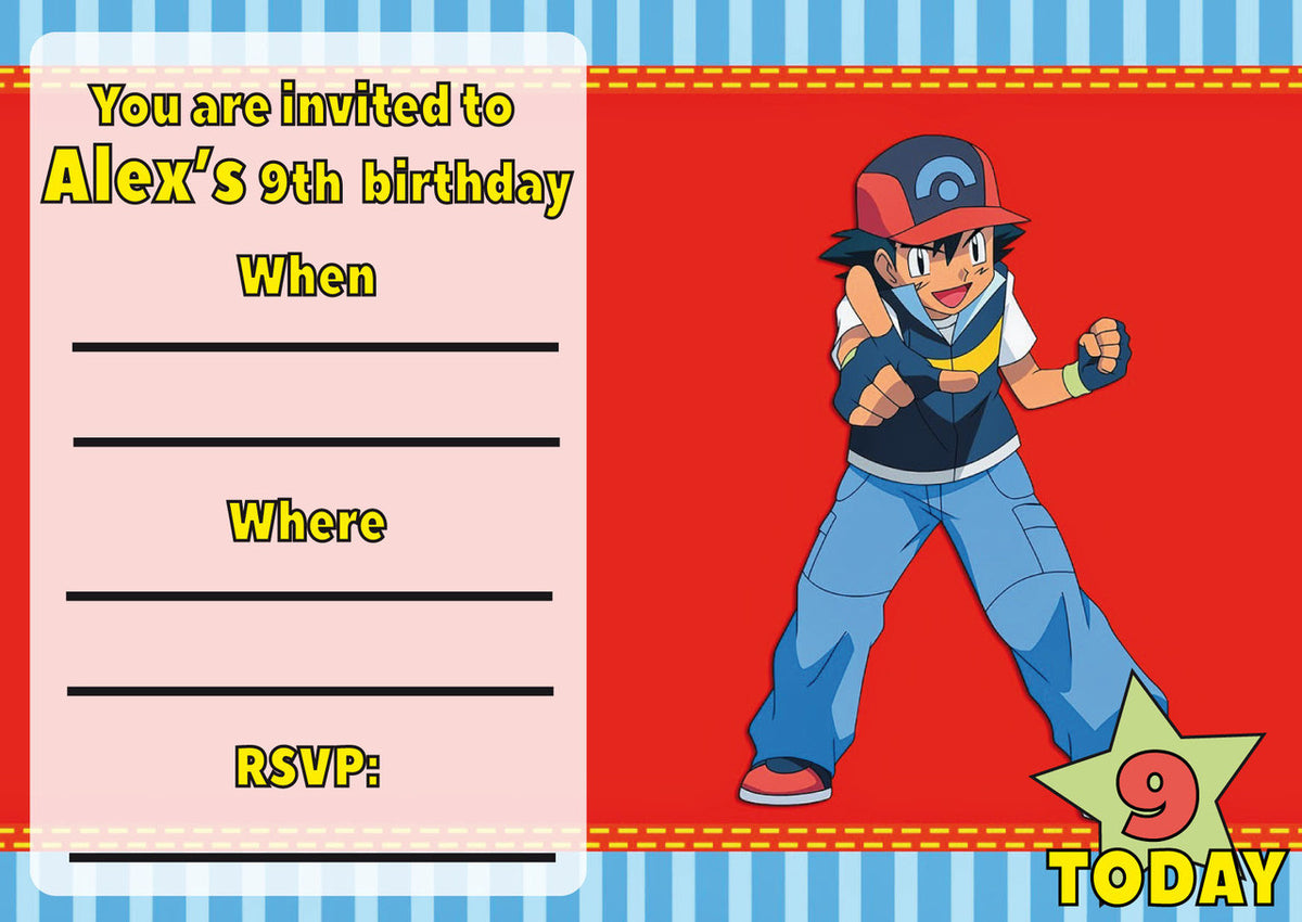 10 X Personalised Printed Boys Pokemon INSPIRED STYLE Invites – 10 X Personalised Printed Boys Pokemon Invites