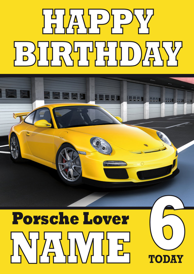 Personalised Porsche Yellow THEME INSPIRED Style PERSONALISED Kids Adult FUNNY Birthday Card