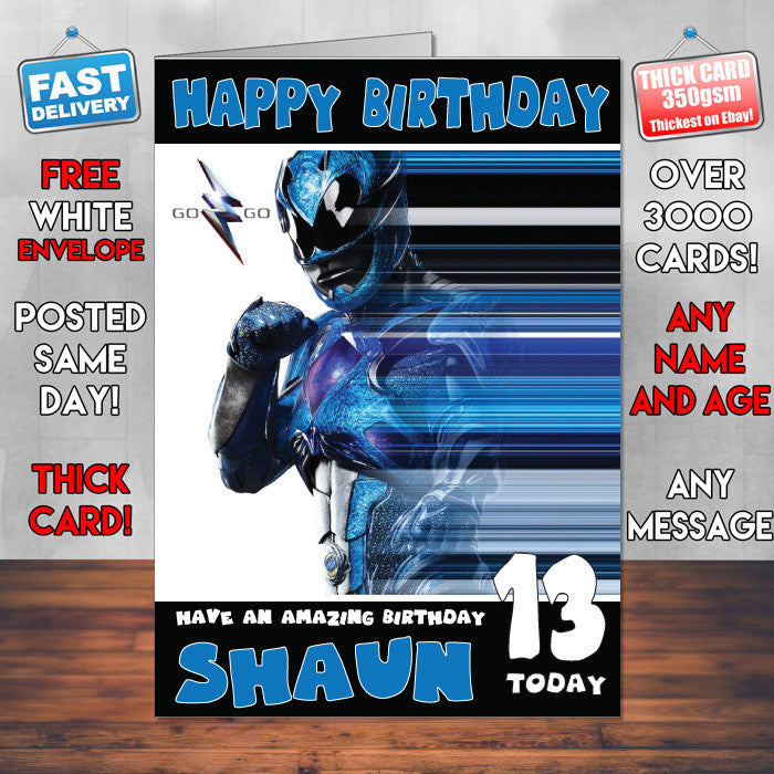 Powerrangers Blue THEME INSPIRED Style PERSONALISED Kids Adult FUNNY Birthday Card