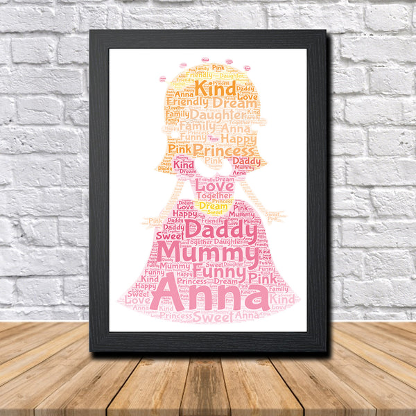 Personalised princess word art print in a black frame