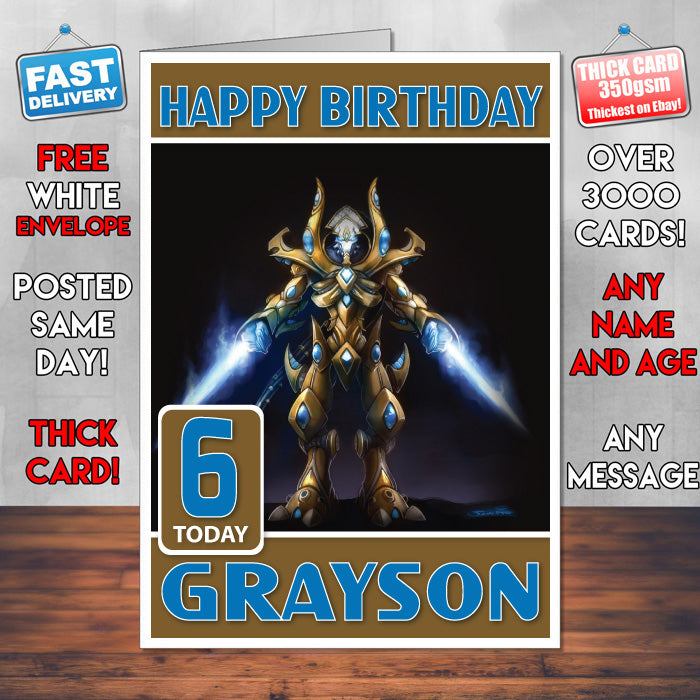 Personalised Protoss Zealot Starcraft Inspired Style Game Kids Inspired Birthday Card (SA)