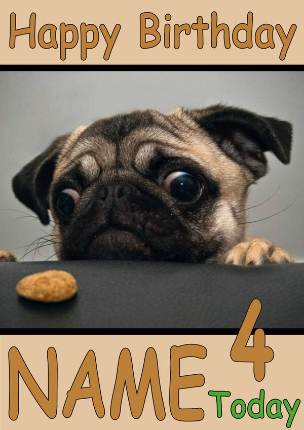 Pug With Cookie Funny Kids Adult Personalised Birthday Card Gift Present