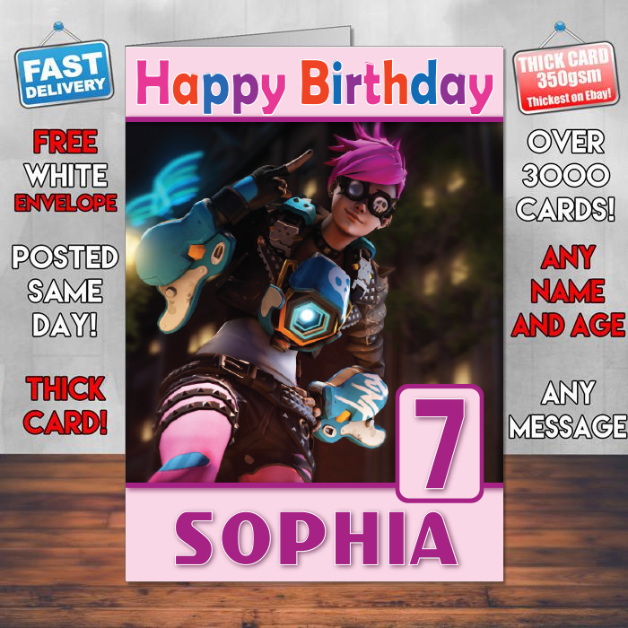 Personalised Punk Tracer Overwatch Inspired Style Game Kids Inspired Birthday Card (SA)