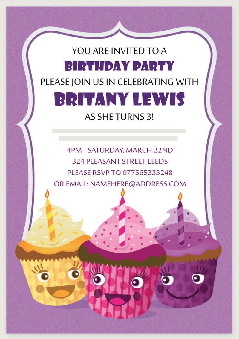 10 X Personalised Printed Purple Cupcakes Party INSPIRED STYLE Invites