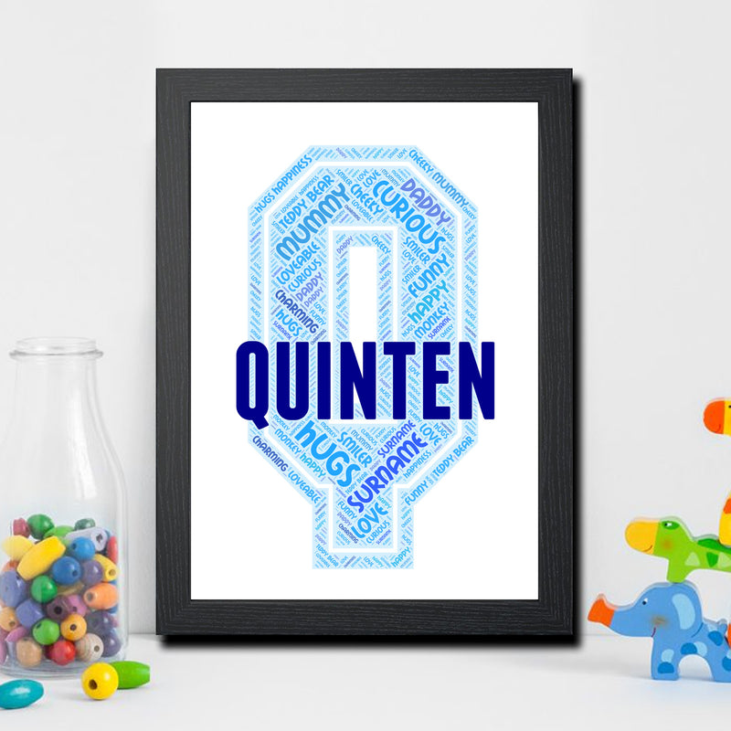 Personalised Name Word Art Poster Print Blue Letter Q