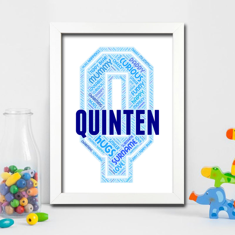 Personalised Name Word Art Poster Print Blue Letter Q