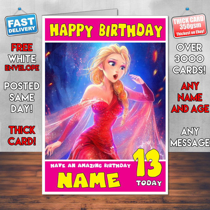 QUEEN ELSA SJ THEME INSPIRED Style PERSONALISED Kids Adult FUNNY Birthday Card