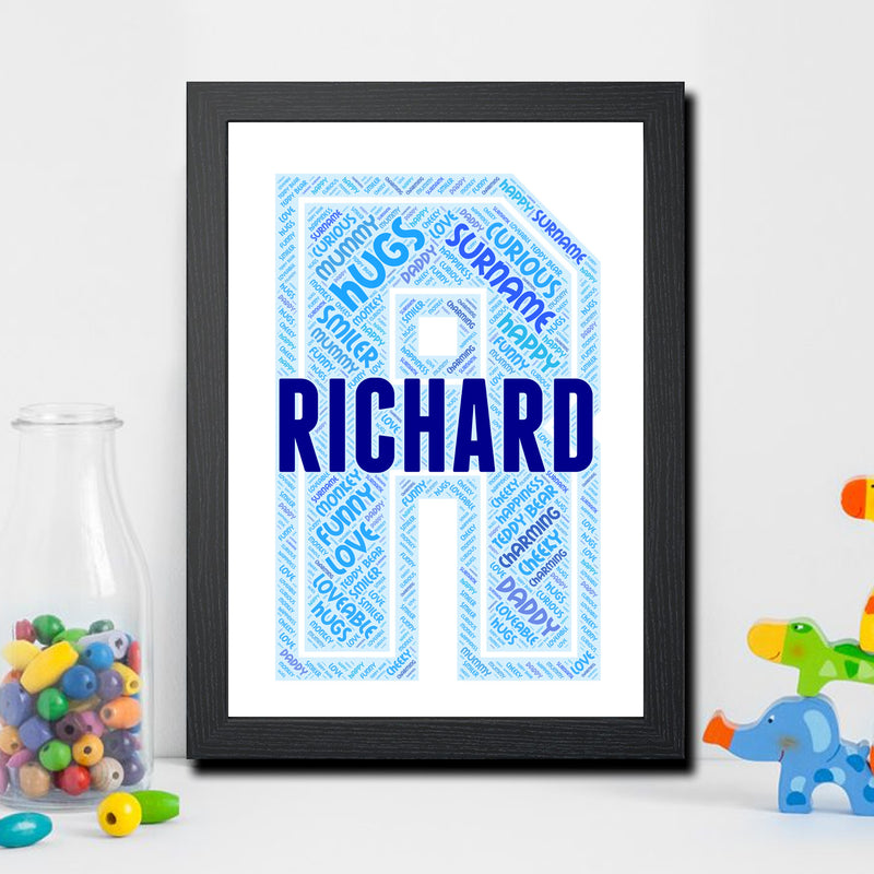 Personalised Name Word Art Poster Print Blue Letter R