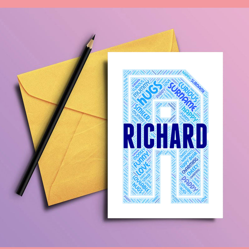 Personalised Name Word Art Poster Print Blue Letter R