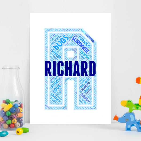Personalised name word art print, blue letter R, print only
