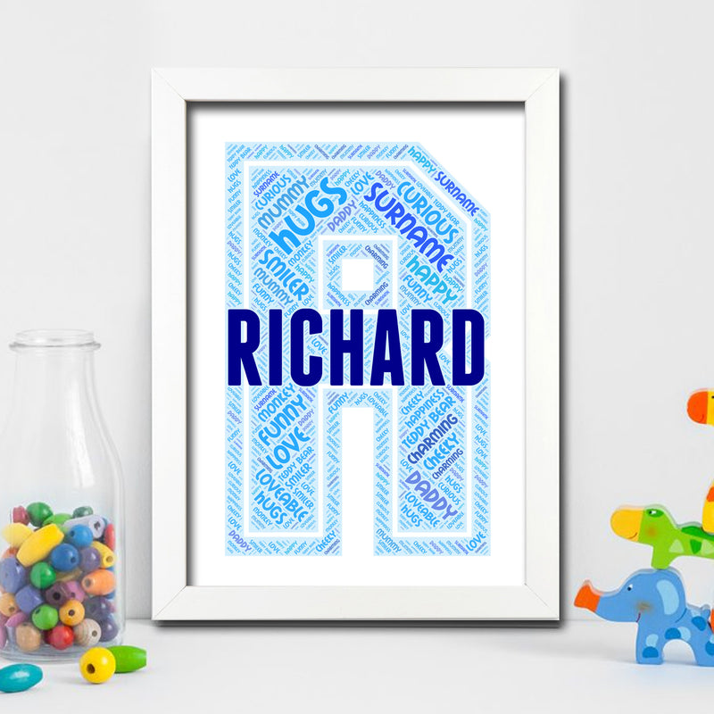 Personalised Name Word Art Poster Print Blue Letter R