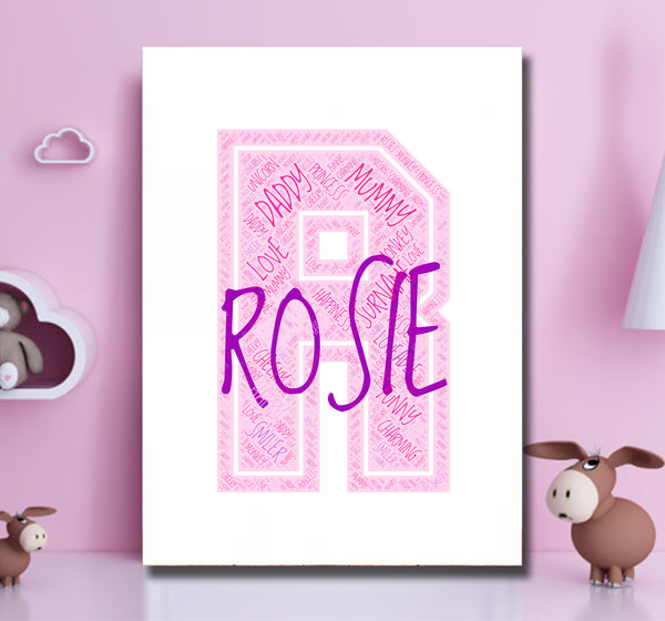 Personalised name word art print, pink letter R, print only
