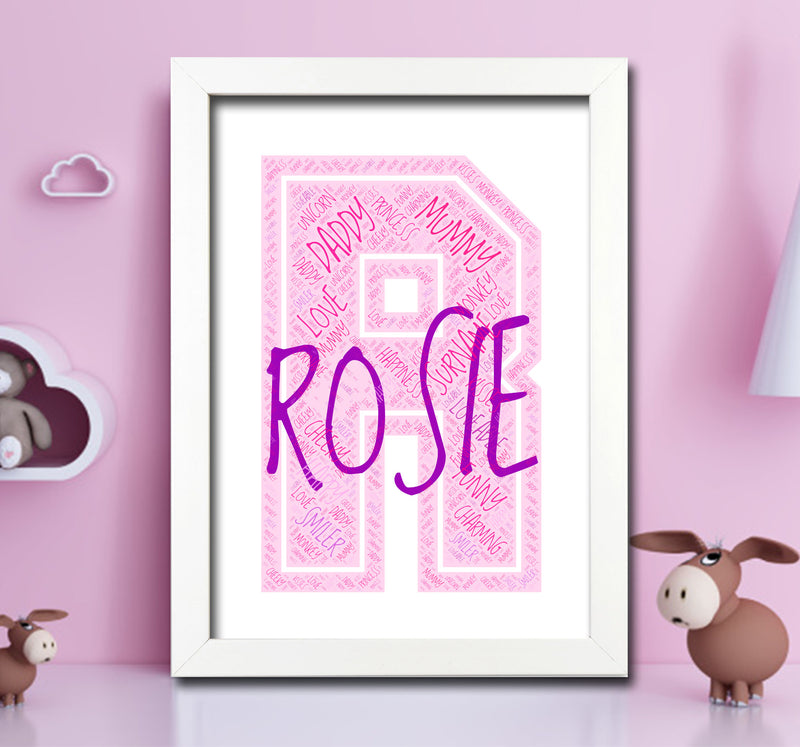 Personalised Name Word Art Poster Print Pink Letter R