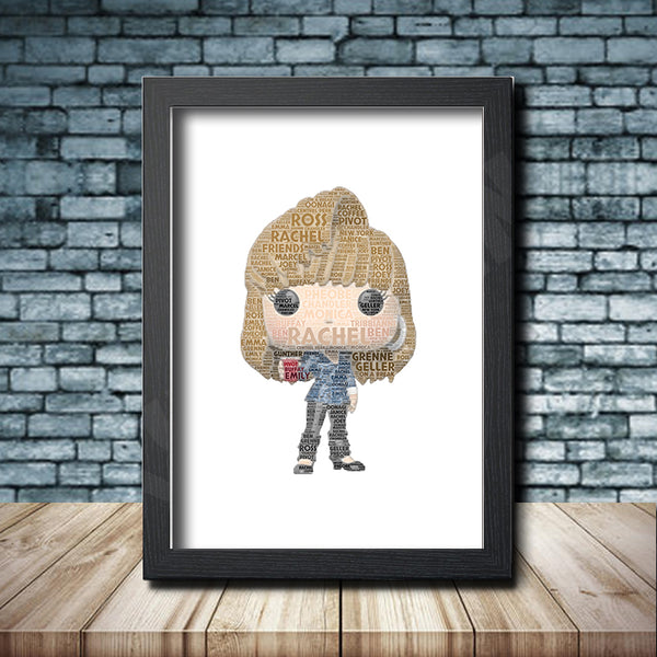 Personalised pop figure word art print inspired by Rachel Green in a black frame