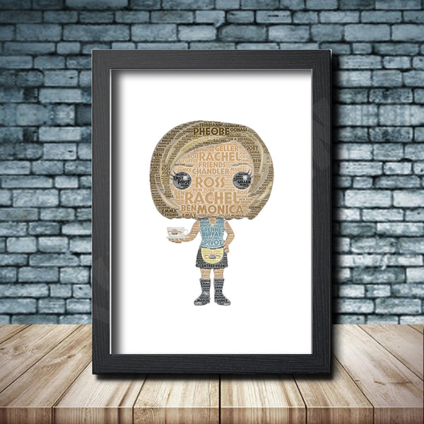 Personalised pop figure word art print inspired by Rachel Green in a black frame